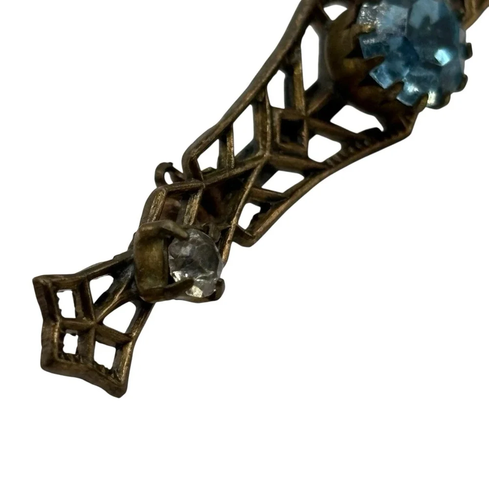 Vintage Bar Brooch Blue Rhinestones Filigree Open Work Ornate Gold Tone Art Deco